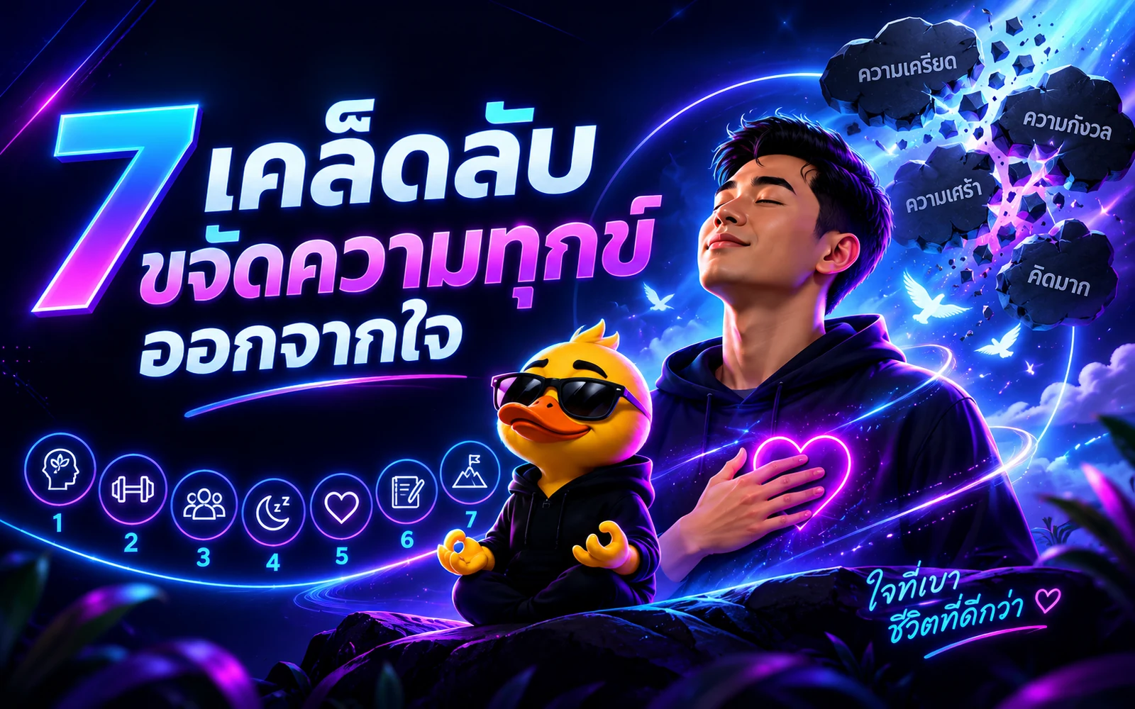 ภาพปกบทความ: 7 เคล็ดลับขจัดความทุกข์ในใจ: วิธีสร้างพลังบวกเมื่อรู้สึกทุกข์